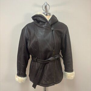 Wilsons Leather Jacket Medium Brown Faux Shearling Hooded Pocket Penny Lane Coat